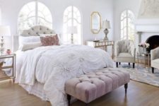 34 a tufted headboard echoes with a tufted bench