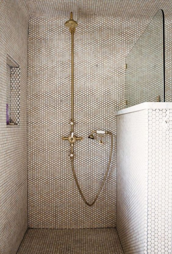 shower with creamy penny tiles, touches of marble and brass fixtures
