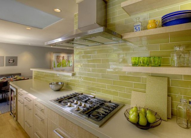 lime green tiles look great with natural light wood and create a feeling of being outside