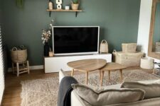 a cute Scandinavian living room with a green accent wall, a TV unit and a TV, some shelves, baskets and a greige sofa plus coffee tables