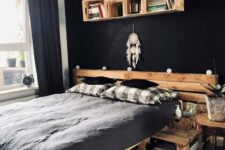 a creative bedroom with lots of pallet furniture