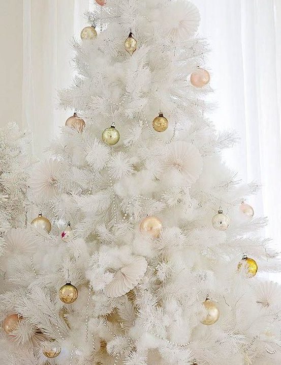 a pure white Christmas tree decorated with beads and gold Christmas ornaments is a very beautiful and stylish idea for holidays