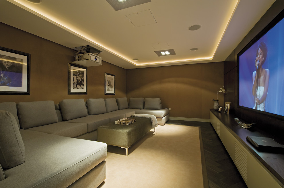 built-in ceiling lighting is a great choice for a home cinema (Mitchell Berry Architects)