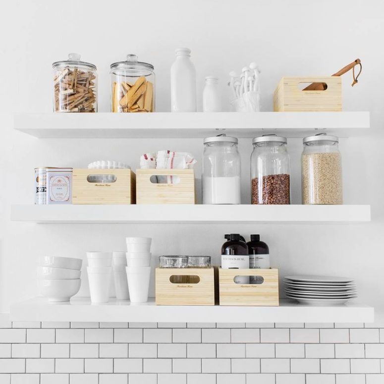 These shelves are perfect to organize your grains and kitchen supplies. They also look great on plain subway tiles. (Murchison-Hume)