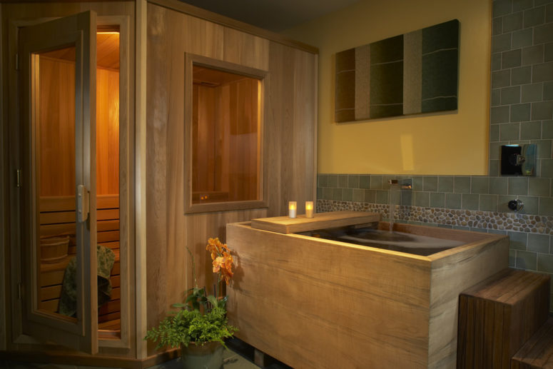 a cozy bathroom with a Japanese tub and a sauna (Harrell Remodeling, Inc. / Design + Build)