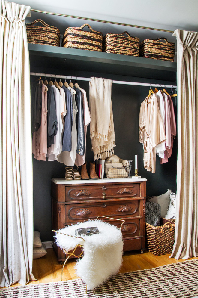 a leading rack is a must even a such simple closet behind curtains (Kelly Peloza Photo)