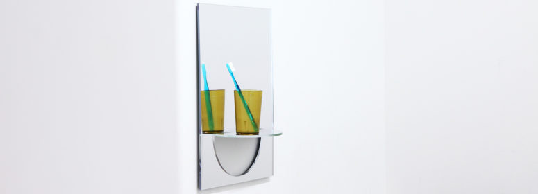 U Mirror features a functional shelf that can be folded when not needed