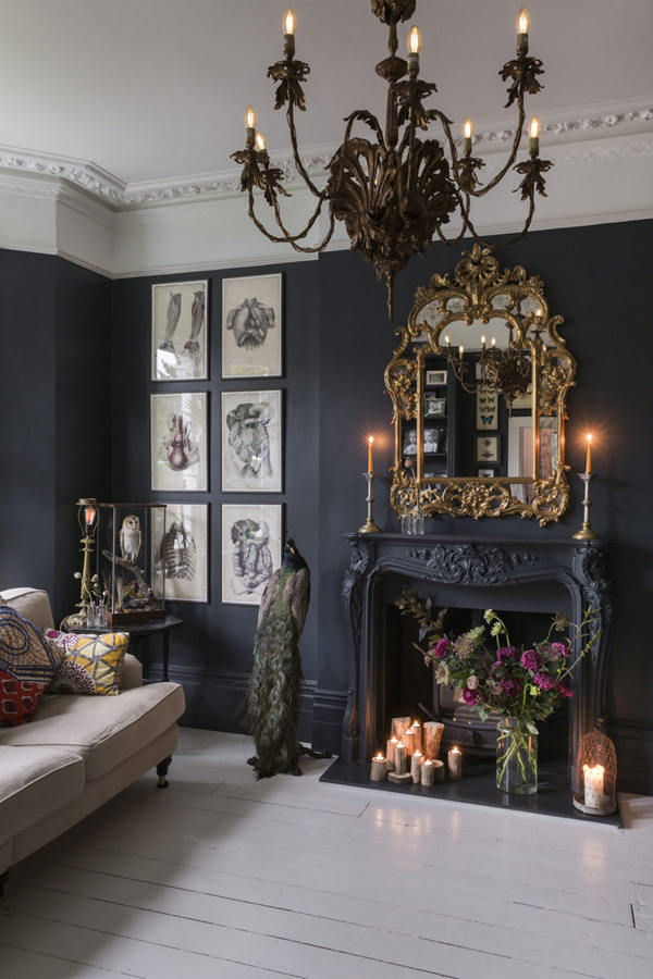 this Victorian home strikes with moody colors and decadent details that contrast with the modern world so much