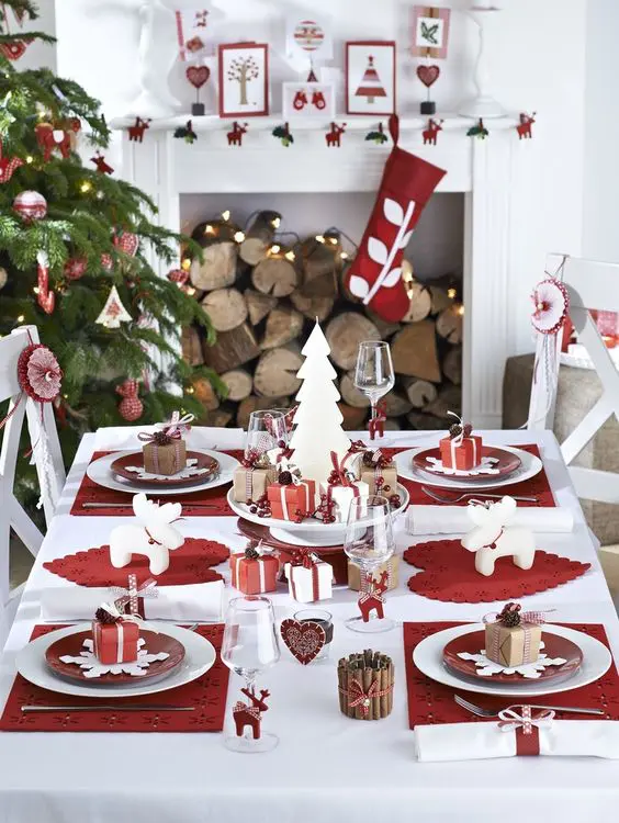 a modern red and white table setting, red and wwhite ornaments and stockings
