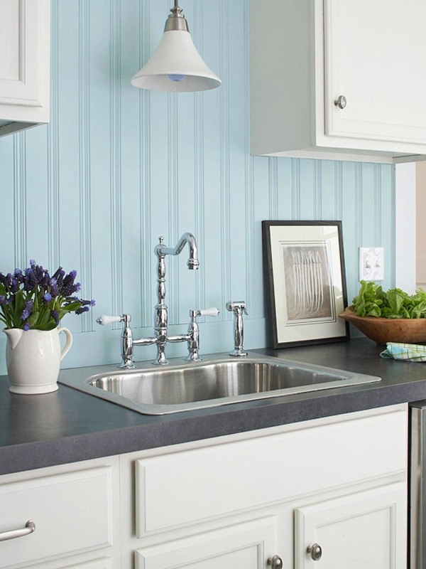 light blue beadboard backsplash is ideal for a seaside kitchen