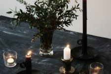 03 charcoal black tablecloth, greenery and candles