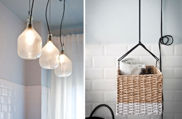 Pendant lamps saved some space and an old basket was repurposed to hold towels