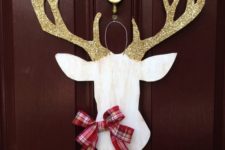04 deer silhouette door hanger with glitter antlers and a plaid bow