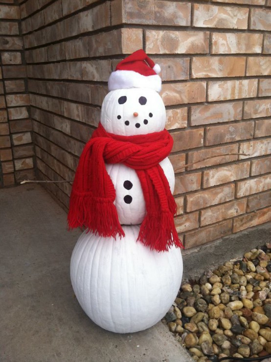 make your own snowman of nig pumpkins, paints, a scarf and a beanie
