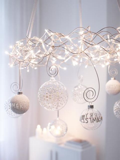 Christmas lights chandelier with transparent and wwhite ornaments
