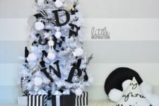 07 a small Christmas tree with black letter decor and pompoms