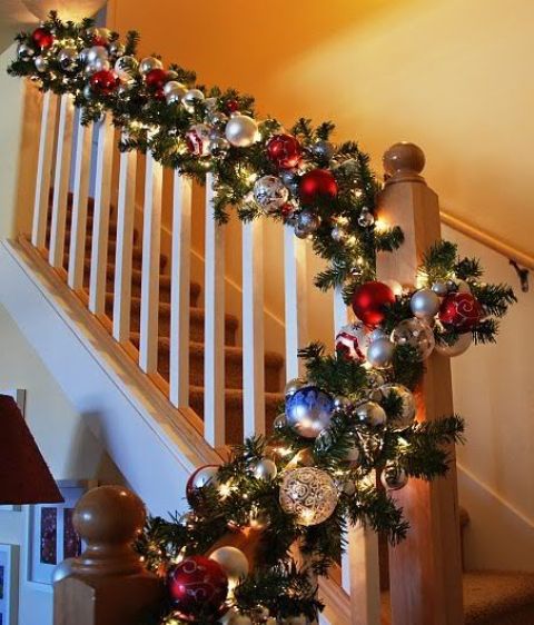 evergreen and ornaments banister garland