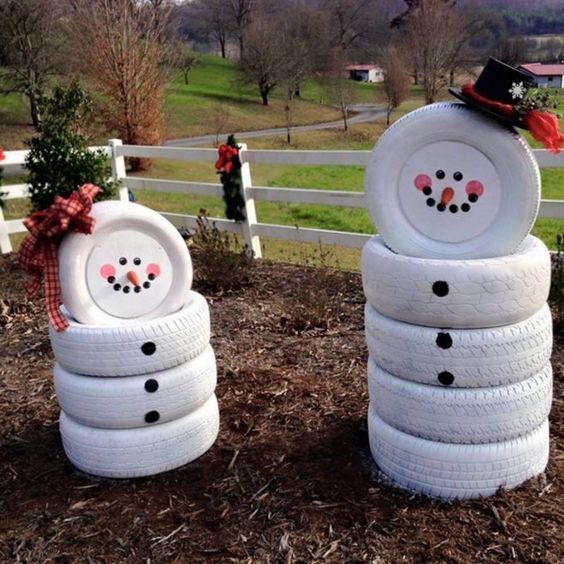 old tires can be turned into fun and easy snowmen in those regions where there's no real snow