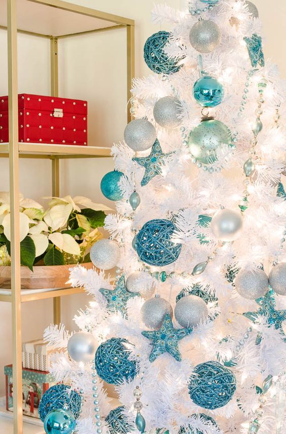 turquoise, silver and white Christmas tree decor