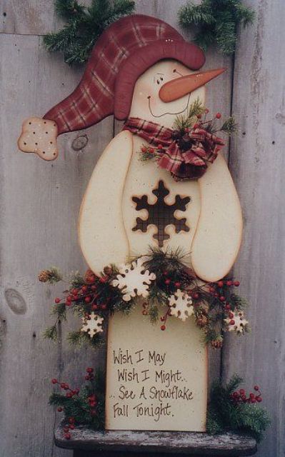 cutout wooden snowman with a sign looks cute