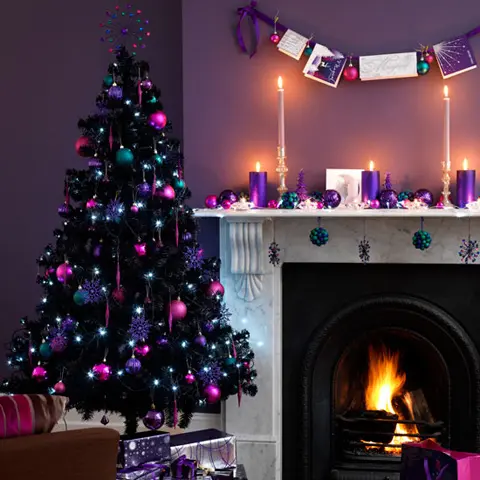 super bold decorations in purple, fuchsia and teal for colorful and cheerful Christmas