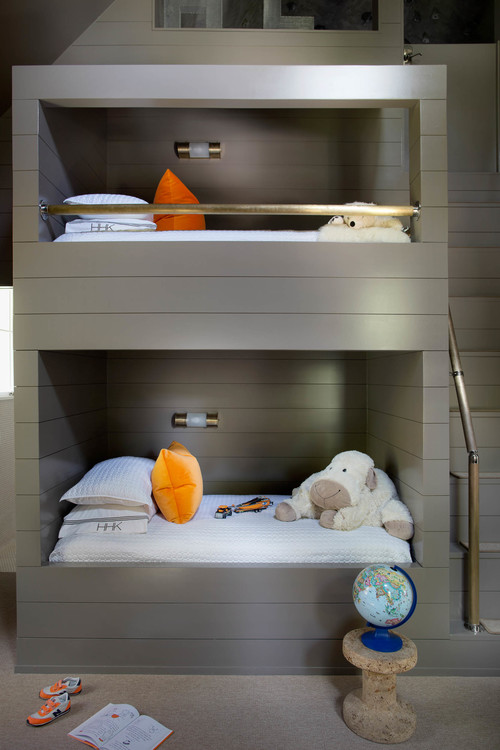 The kids' room is shared, decorated with style for two boys
