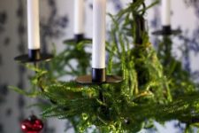 10 evergreen branches and red ornaments are classics