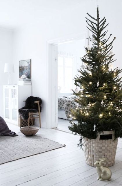 a Scandinavian Christmas tree decorated only with lights white stars and placed in a basket to finish its look off in a cozy way