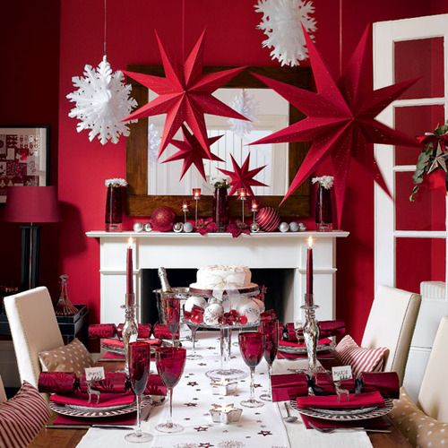 very bold red and white Christmas decor and tablescape