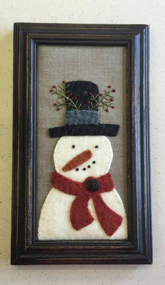 cotton and wool snowman framed artwork for winter decor
