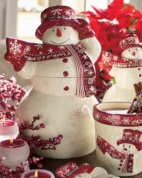 red and white snowman tea set for the kitchen