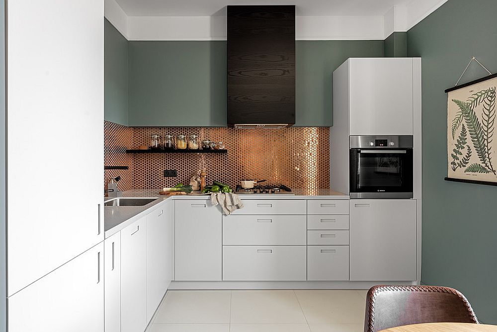 Sleek contemporary kitchen with a sparkling copper penny tile backsplash