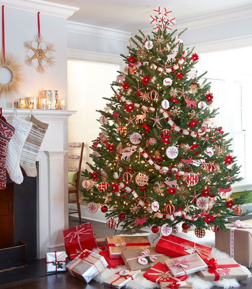 cheerful and bold red and white tree decor and gifts