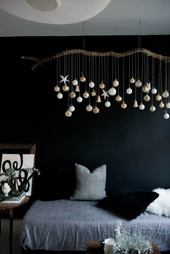dark christmas bedroom decor with metallic ornaments