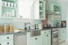 13 mint-colored backsplash coincides with the color of cabinets