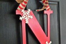 13 simple red monogram door hanger with striped ribbon