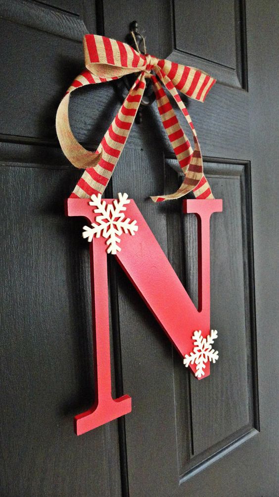 simple red monogram door hanger with striped ribbon