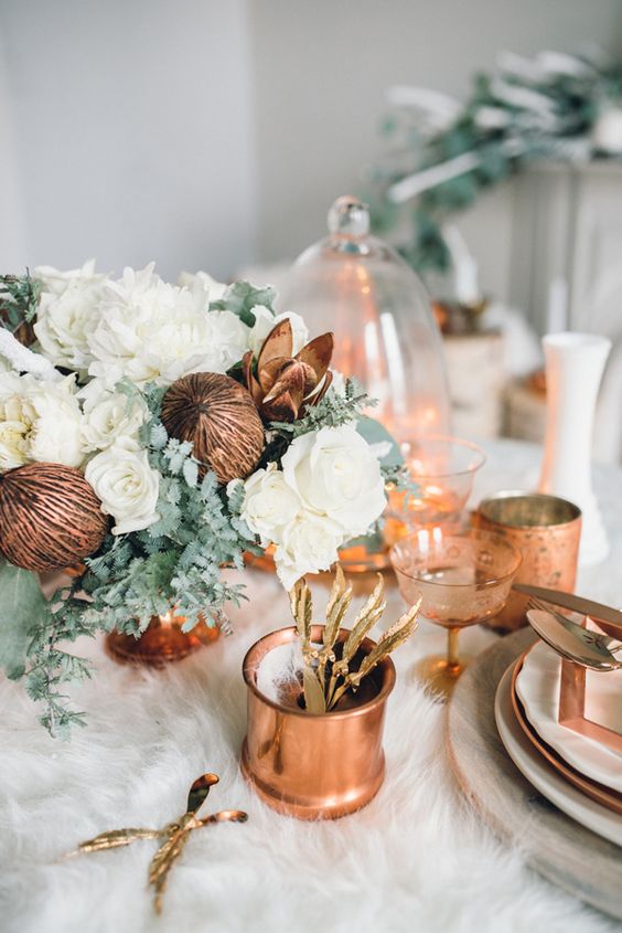 copper and white is a great combo for decorating a table