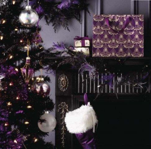 dark purple Christmas decor and a black tree