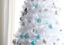 15 white Christmas tree with turquoise and silver ornaments