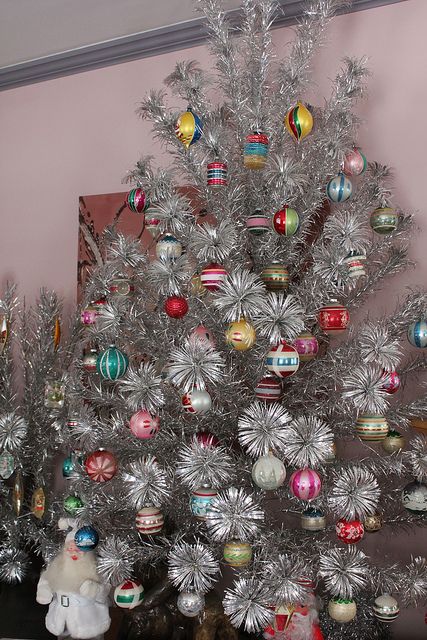 vintage aluminum Christmas tree with shiny brites
