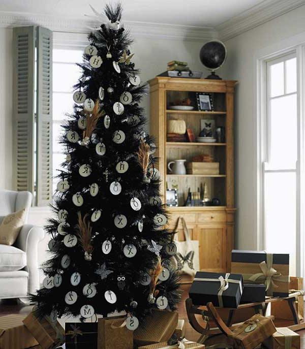 a modern black tree decorated with alphabet ornaments
