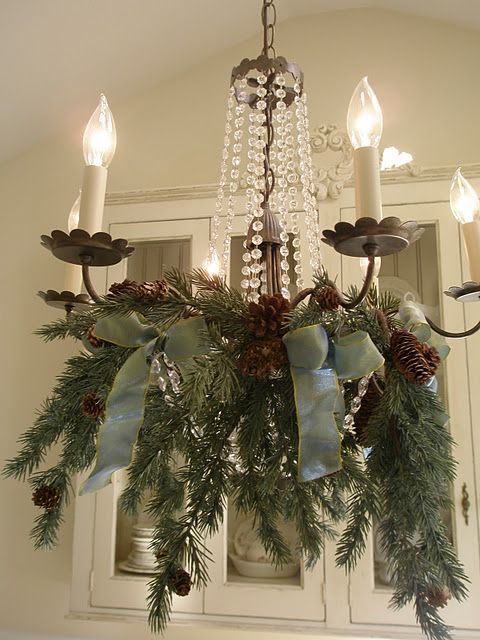fir branches, green ribbon and pinecones