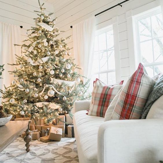 white and silver Christmas tree looks harmonious in a neutral interior