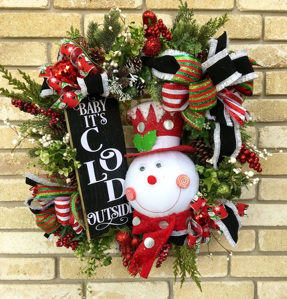 whimsy and bold snowman wreath with a chalkboard sign