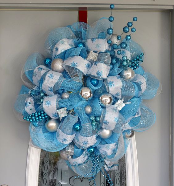light blue, white and silver decor mesh wreath with ornaments