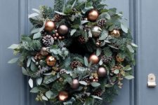 21 beautiful copper and mink baubles, frosted pine cones and miniature copper bells for the wreath