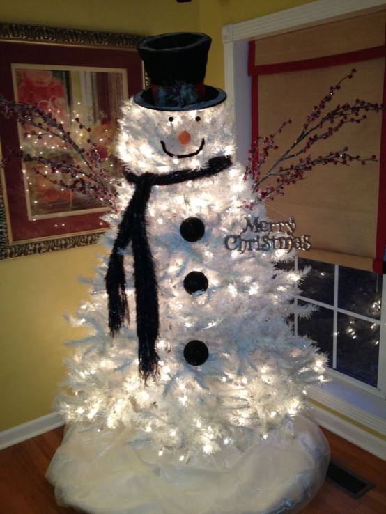 lit up silver Christmas tree turned into a snowman for a kids' room