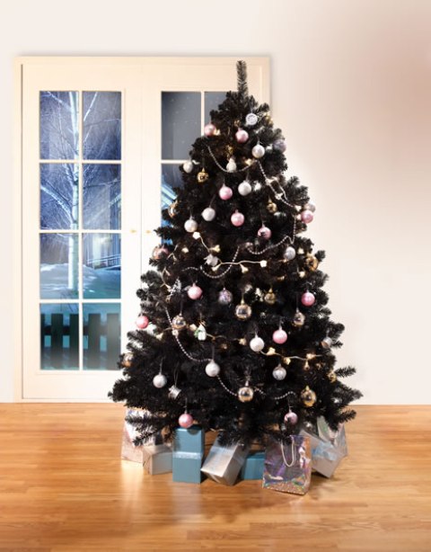 decorate your black tree with pastel ornaments to make it look cute and contrasting
