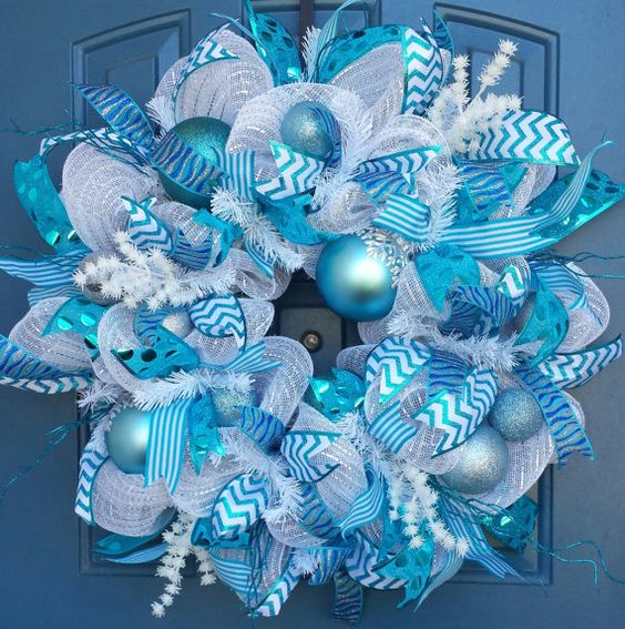 white and blue deco mesh ribbon wreath with ornaments